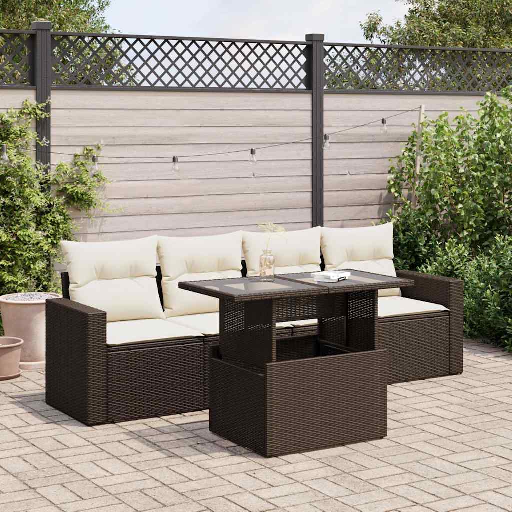 Set Divano da Giardino 5 pz con Cuscini Marrone in Polyrattan | homemem39