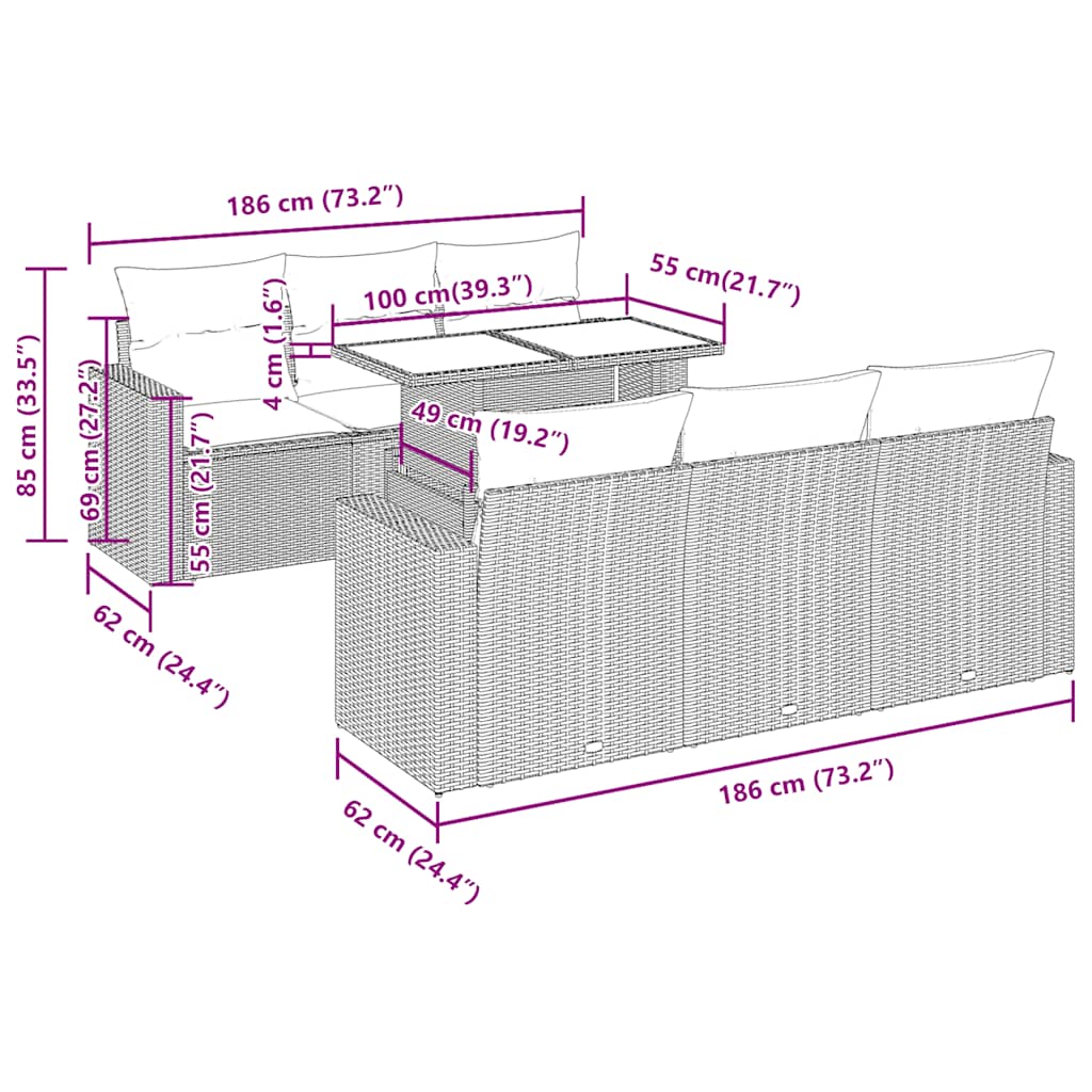 Set Divani da Giardino 7pz con Cuscini Grigio Polyrattan Acacia | homemem39