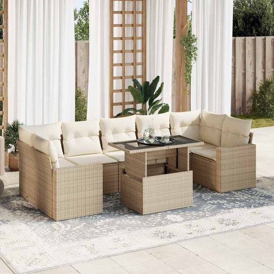 Set Divano da Giardino 8 pz con Cuscini Beige in Polyrattan