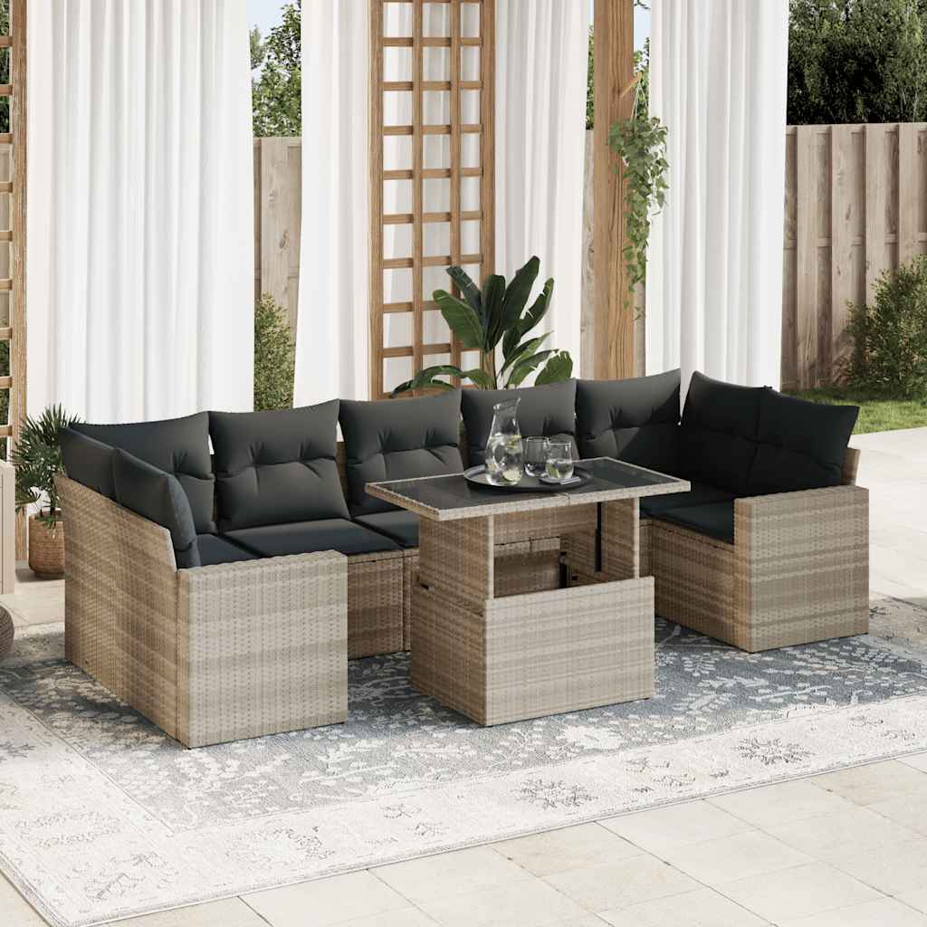 Set Divano da Giardino 8pz con Cuscini Grigio Chiaro Polyrattan