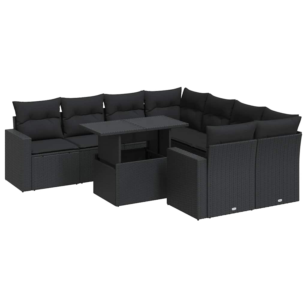 Set Divani da Giardino 9 pz con Cuscini Nero in Polyrattan | homemem39