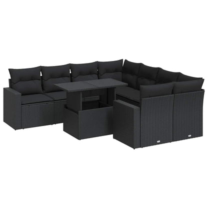 Set Divani da Giardino 9 pz con Cuscini Nero in Polyrattan | homemem39
