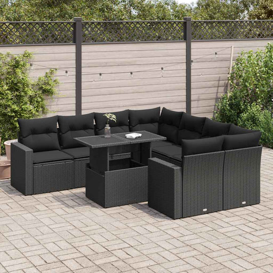 Set Divani da Giardino 9 pz con Cuscini Nero in Polyrattan - homemem39