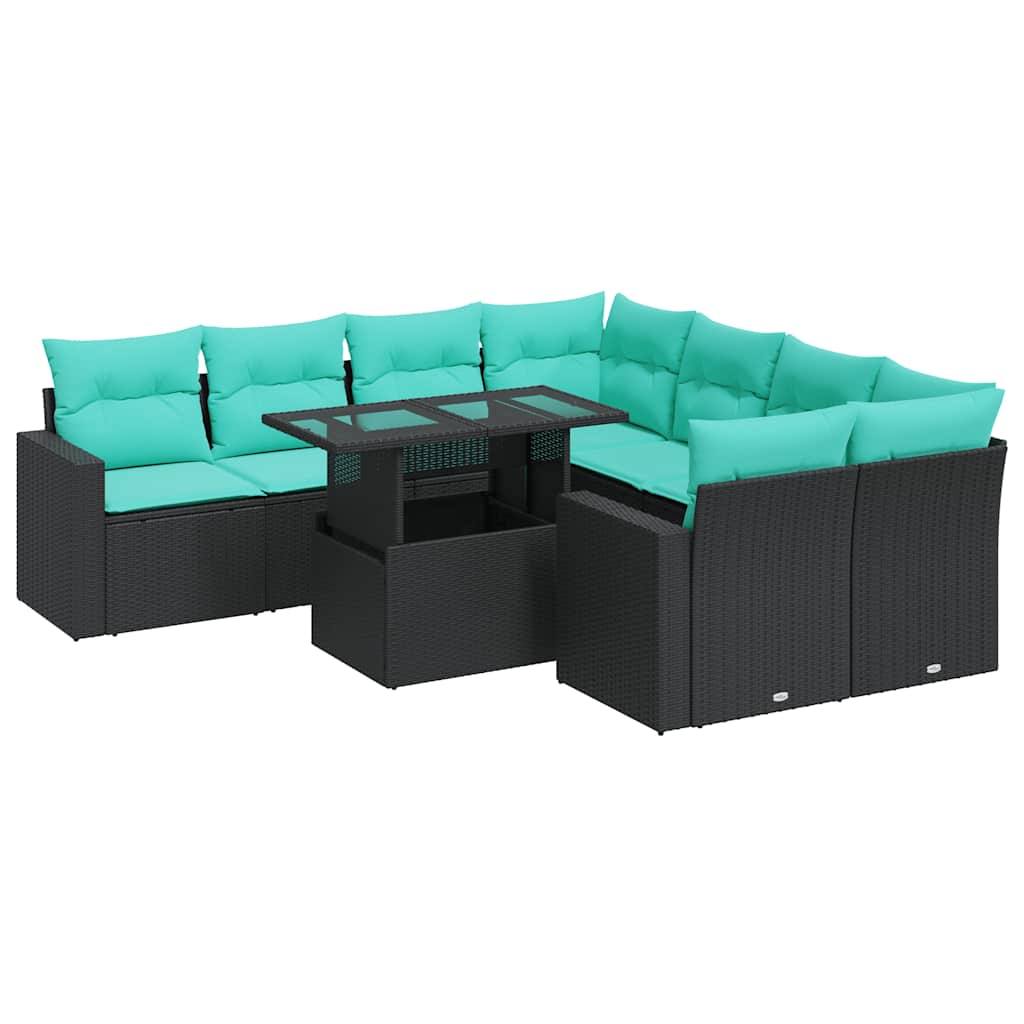 Set Divani da Giardino 9 pz con Cuscini Nero Polyrattan Acacia | homemem39