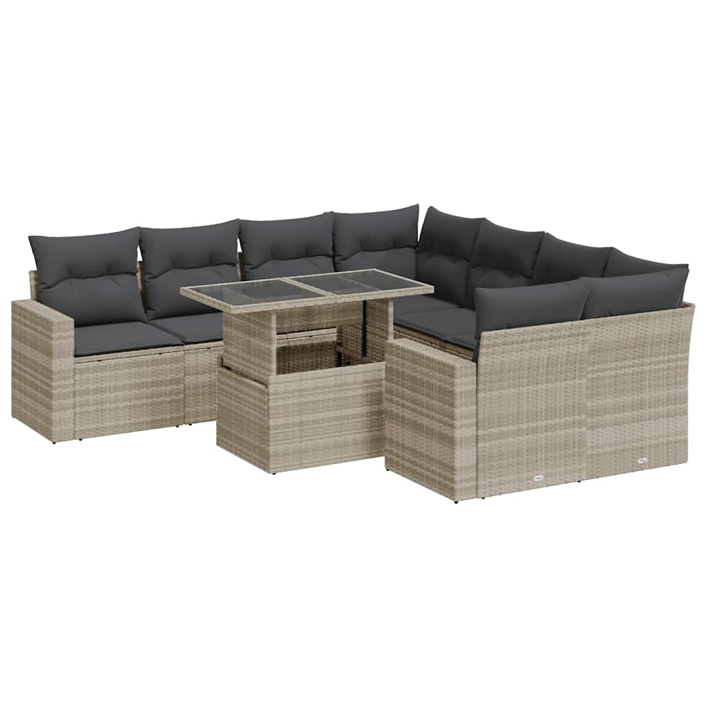 Set Divano da Giardino 9pz con Cuscini Grigio Chiaro Polyrattan