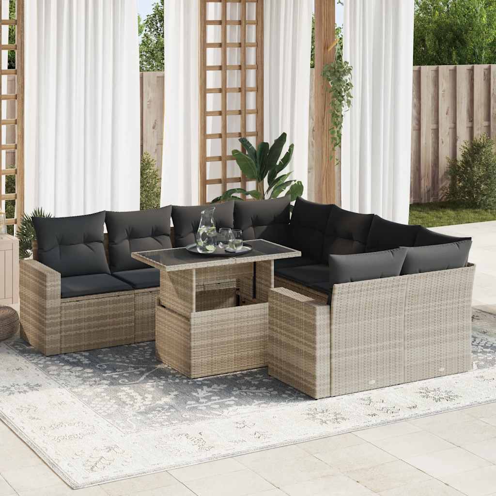 Set Divano da Giardino 9pz con Cuscini Grigio Chiaro Polyrattan - homemem39