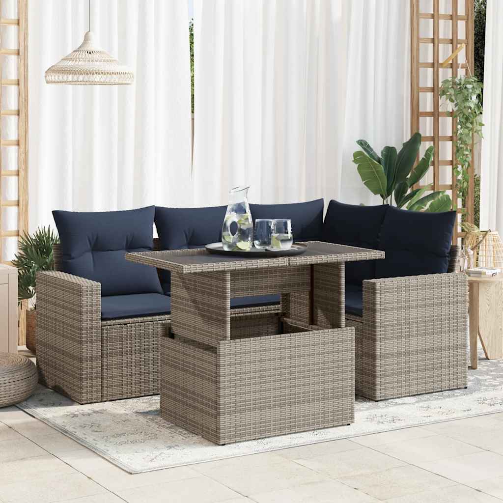 Set Divano Giardino 5 pz con Cuscini Grigio Polyrattan Acacia | homemem39