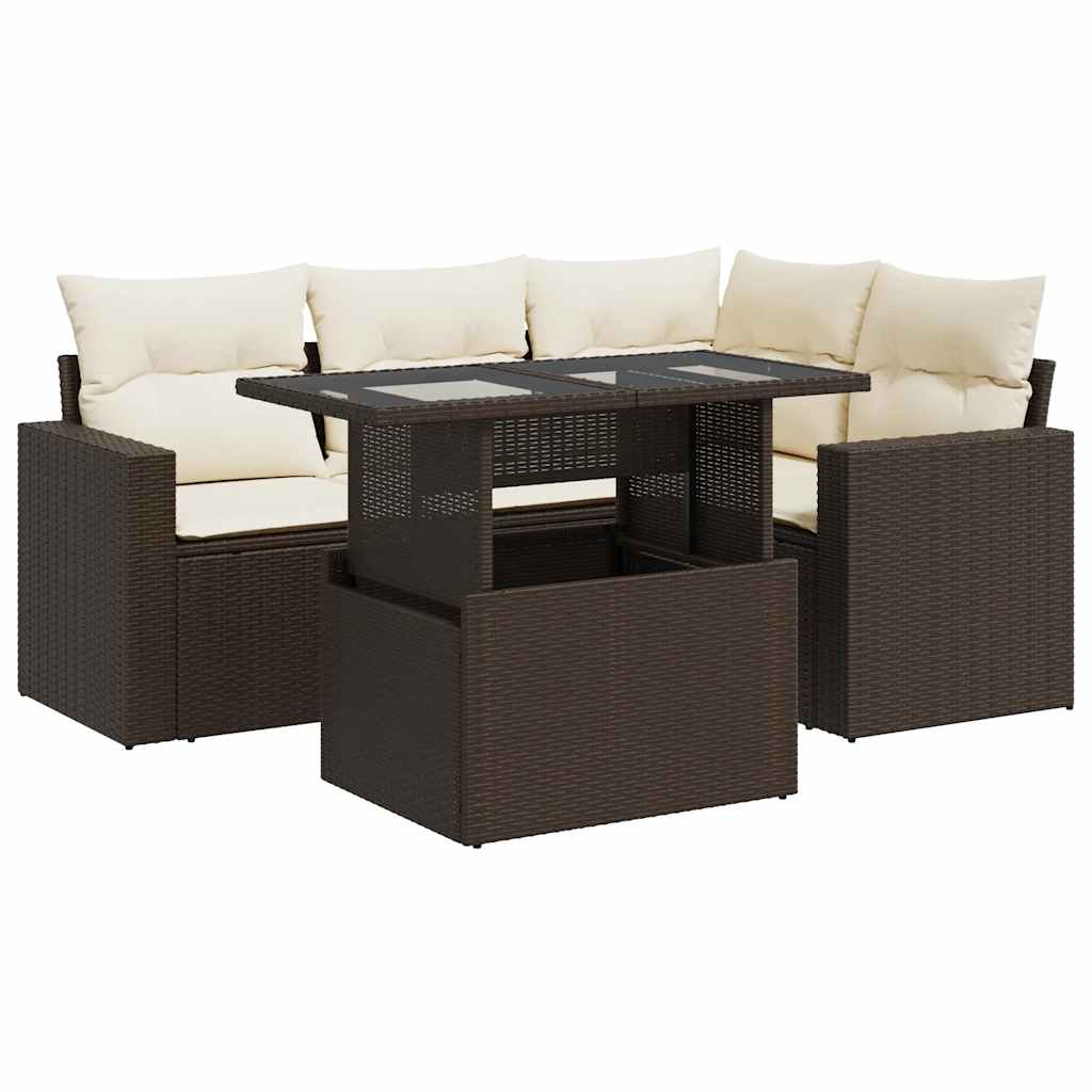 Set Divano da Giardino 5 pz con Cuscini Marrone in Polyrattan - homemem39