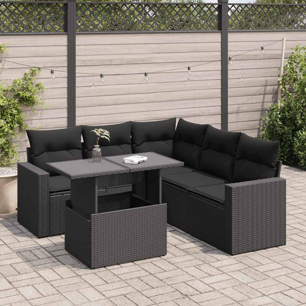 Set Divano da Giardino 6 pz con Cuscini Nero in Polyrattan