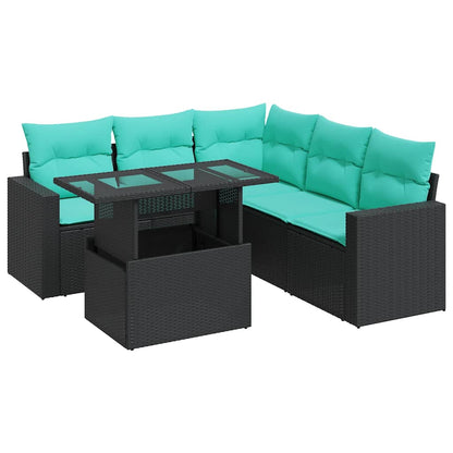 Set Divano da Giardino 6 pz con Cuscini Nero Polyrattan Acacia | homemem39