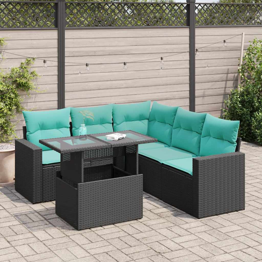 Set Divano da Giardino 6 pz con Cuscini Nero Polyrattan Acacia | homemem39