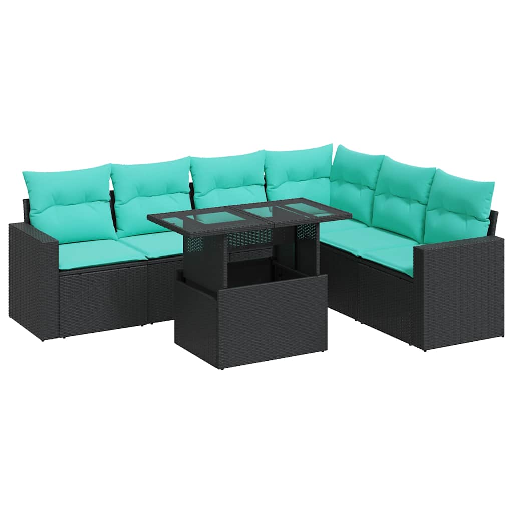 Set Divani Giardino 7 pz con Cuscini Nero Polyrattan Acacia | homemem39