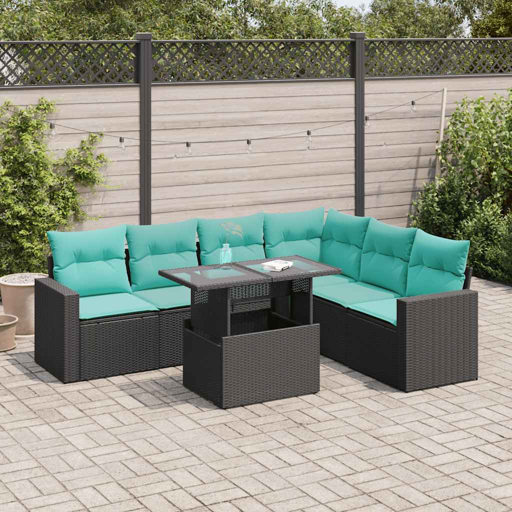 Set Divani Giardino 7 pz con Cuscini Nero Polyrattan Acacia | homemem39