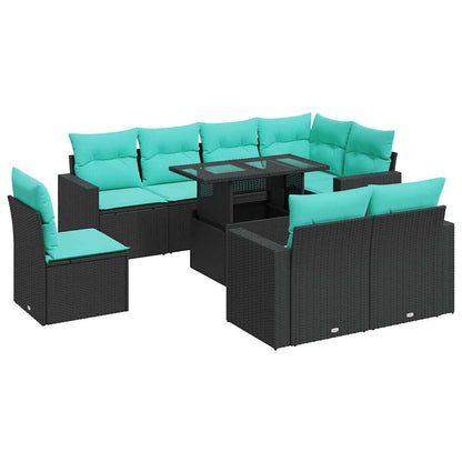 Set Divani da Giardino 9 pz con Cuscini Nero Polyrattan Acacia | homemem39