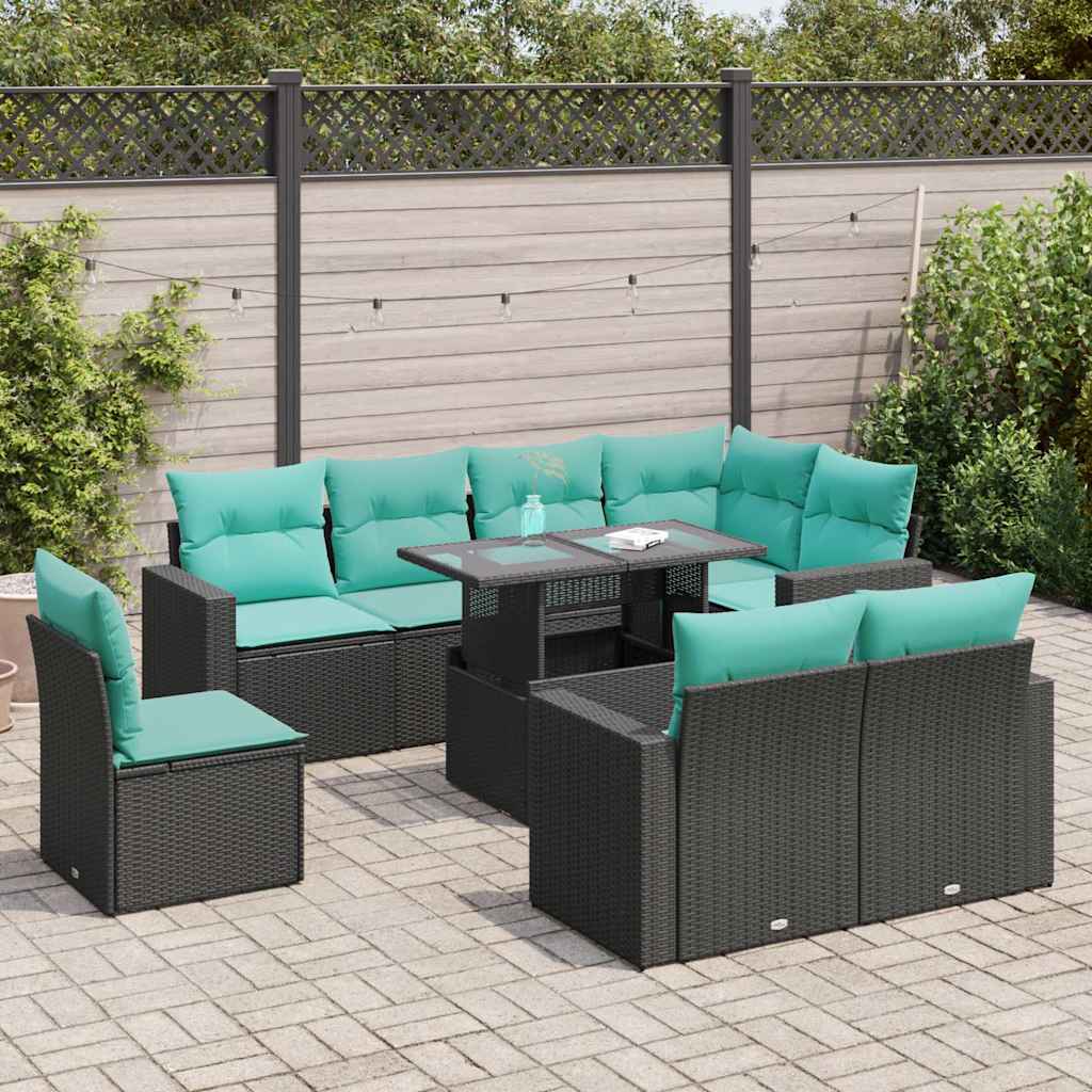 Set Divani da Giardino 9 pz con Cuscini Nero Polyrattan Acacia | homemem39