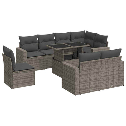 Set Divano da Giardino 9 pz con Cuscini Grigio in Polyrattan