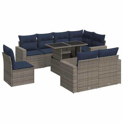 Set Divano da Giardino 9pz con Cuscini Grigio Polyrattan Acacia | homemem39