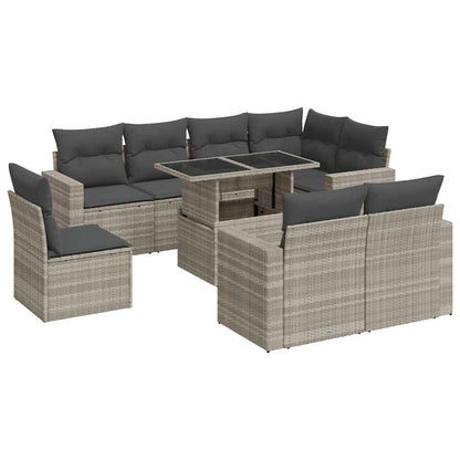 Set Divano da Giardino 9pz con Cuscini Grigio Chiaro Polyrattan