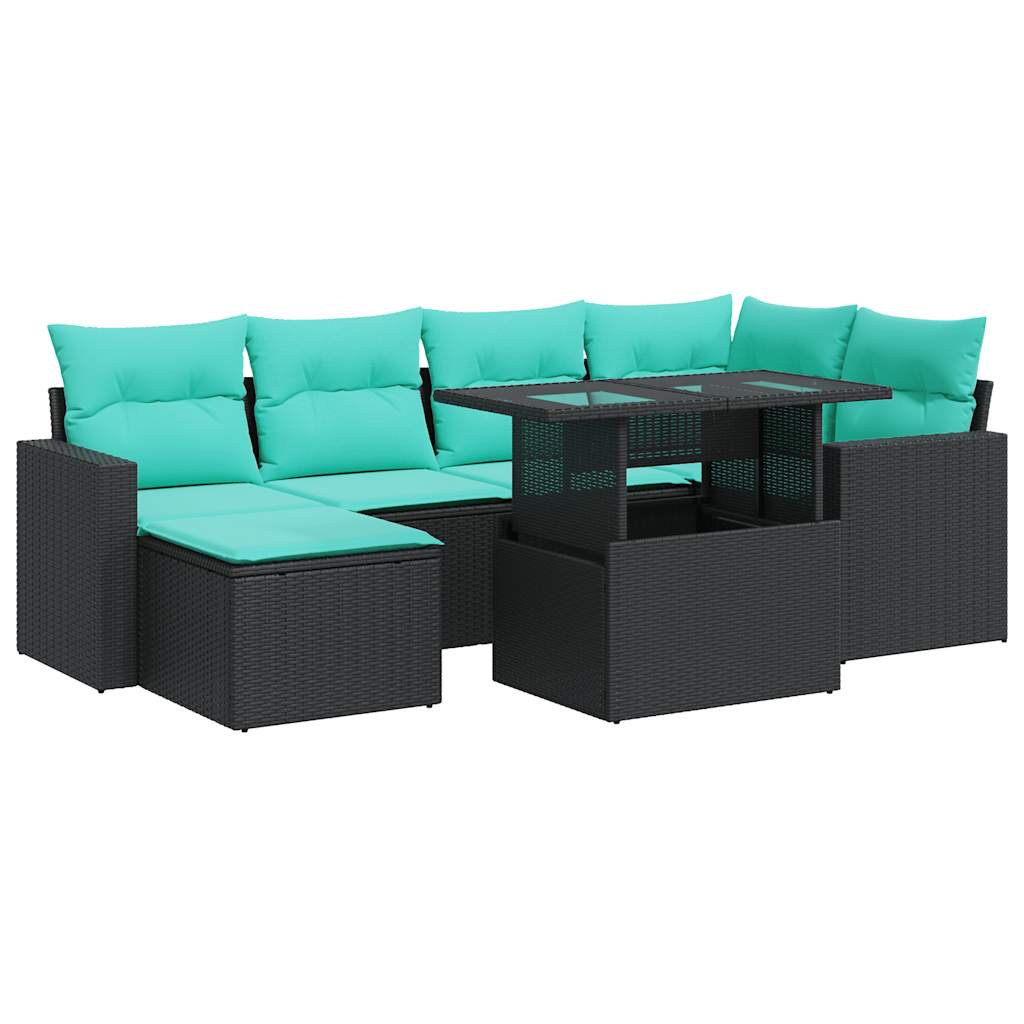 Set Divani da Giardino con Cuscini 7pz Nero Polyrattan Acacia | homemem39