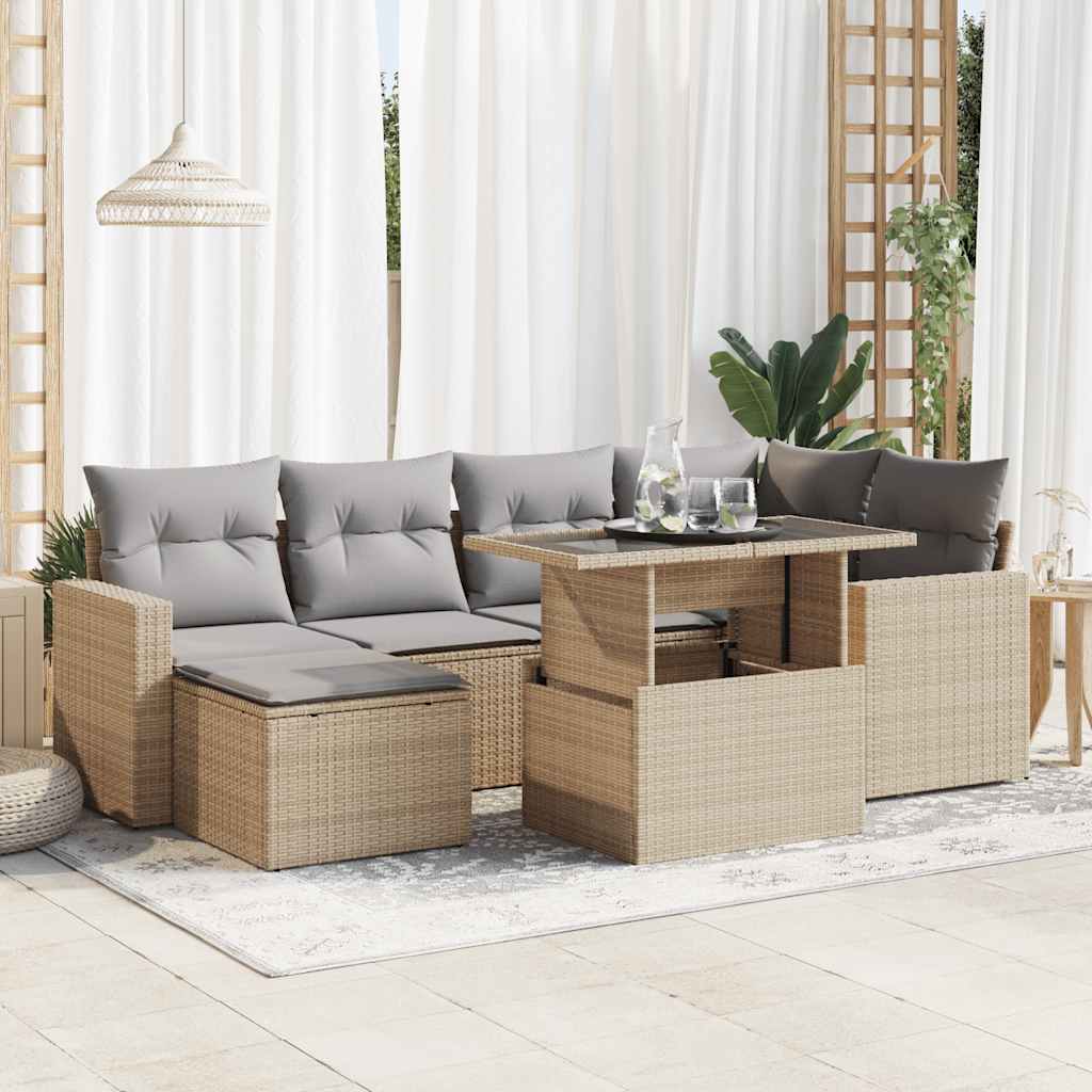 Set Divani da Giardino 7 pz con Cuscini Beige in Polyrattan | homemem39