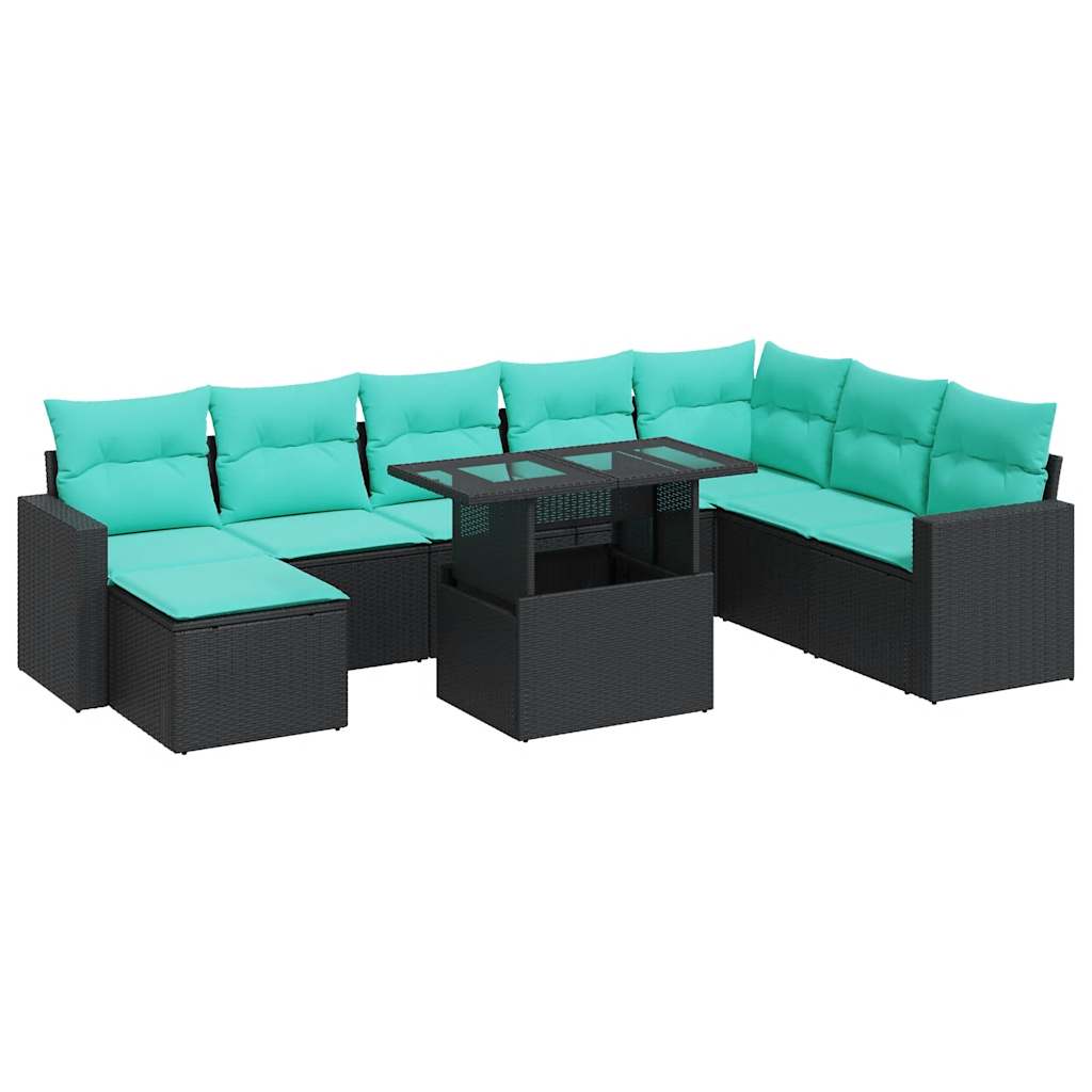 Set Divani da Giardino 9 pz con Cuscini Nero Polyrattan Acacia | homemem39