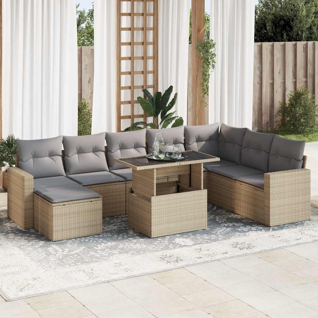 Set Divano da Giardino 9 pz con Cuscini Beige in Polyrattan | homemem39