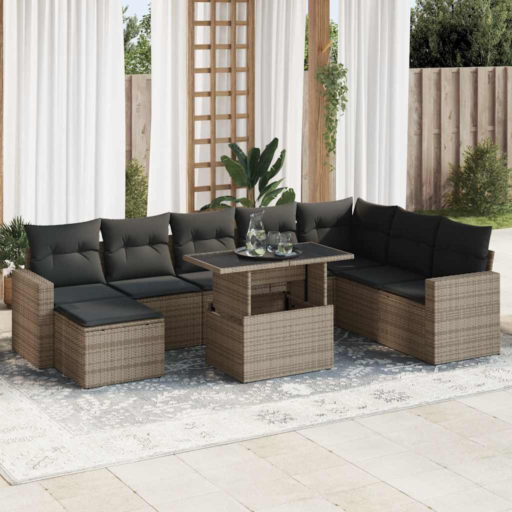 Set Divano da Giardino 9 pz con Cuscini Grigio in Polyrattan