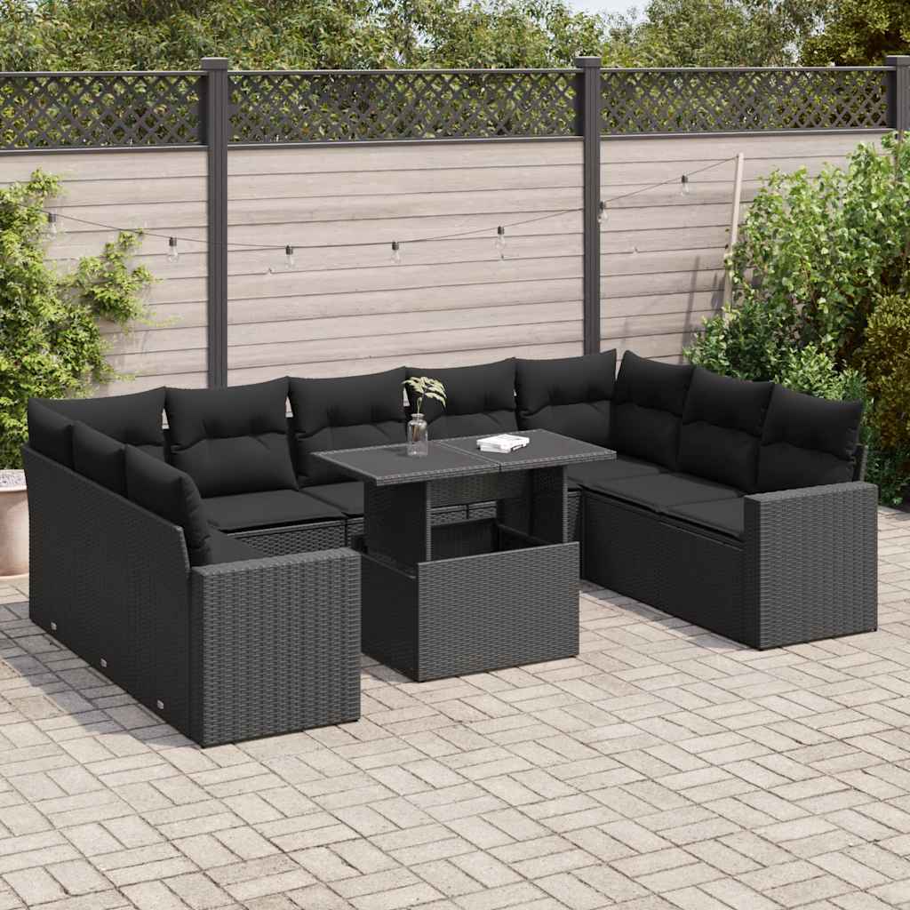 Set Divani da Giardino 10pz con Cuscini in Polyrattan Nero | homemem39