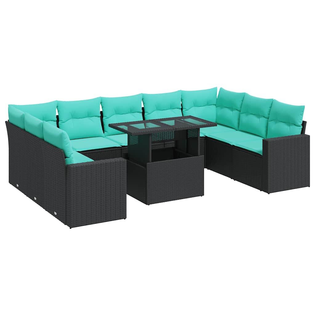Set Divani Giardino 10pz con Cuscini Nero in Polyrattan Acacia | homemem39