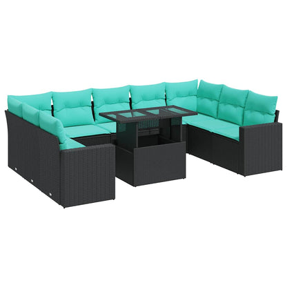 Set Divani Giardino 10pz con Cuscini Nero in Polyrattan Acacia | homemem39