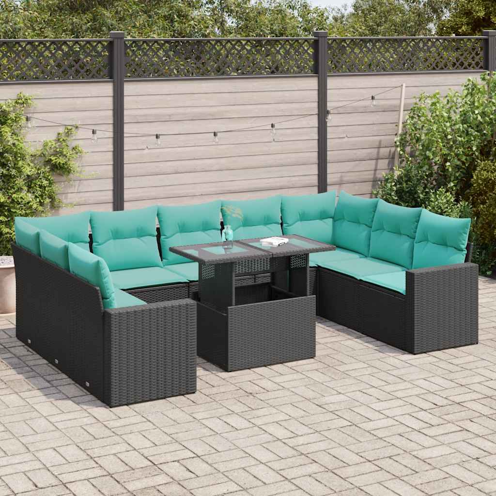 Set Divani Giardino 10pz con Cuscini Nero in Polyrattan Acacia | homemem39