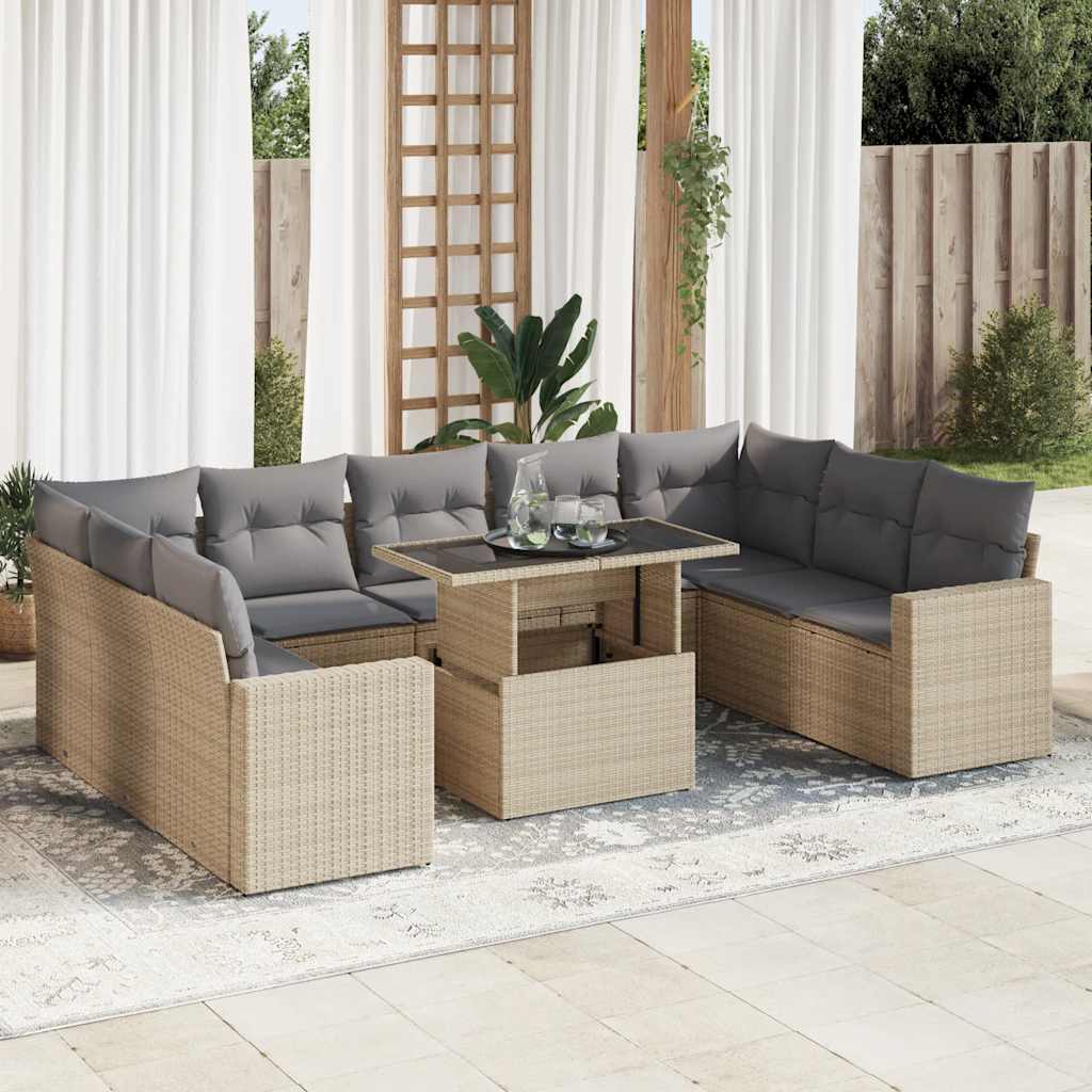 Set Divano da Giardino 10 pz con Cuscini Beige in Polyrattan - homemem39