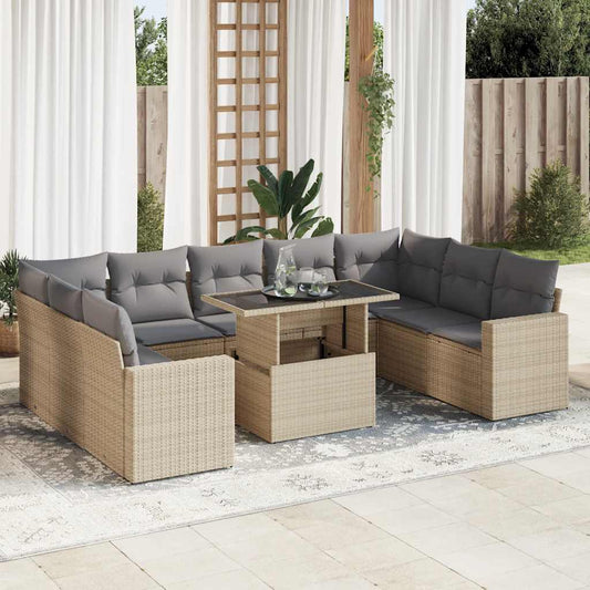 Set Divano da Giardino 10 pz con Cuscini Beige in Polyrattan - homemem39