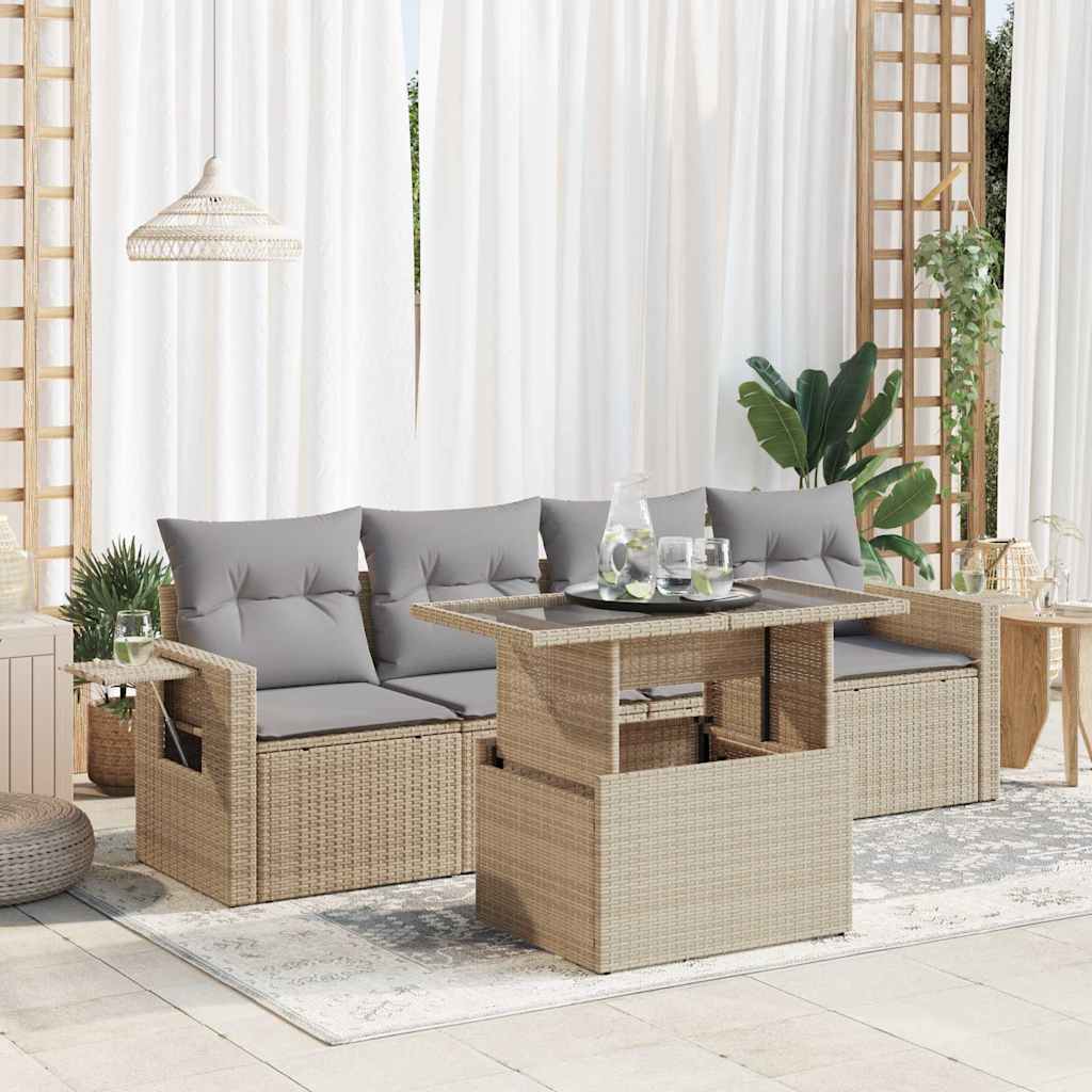 Set Divano da Giardino 5 pz con Cuscini Beige in Polyrattan | homemem39