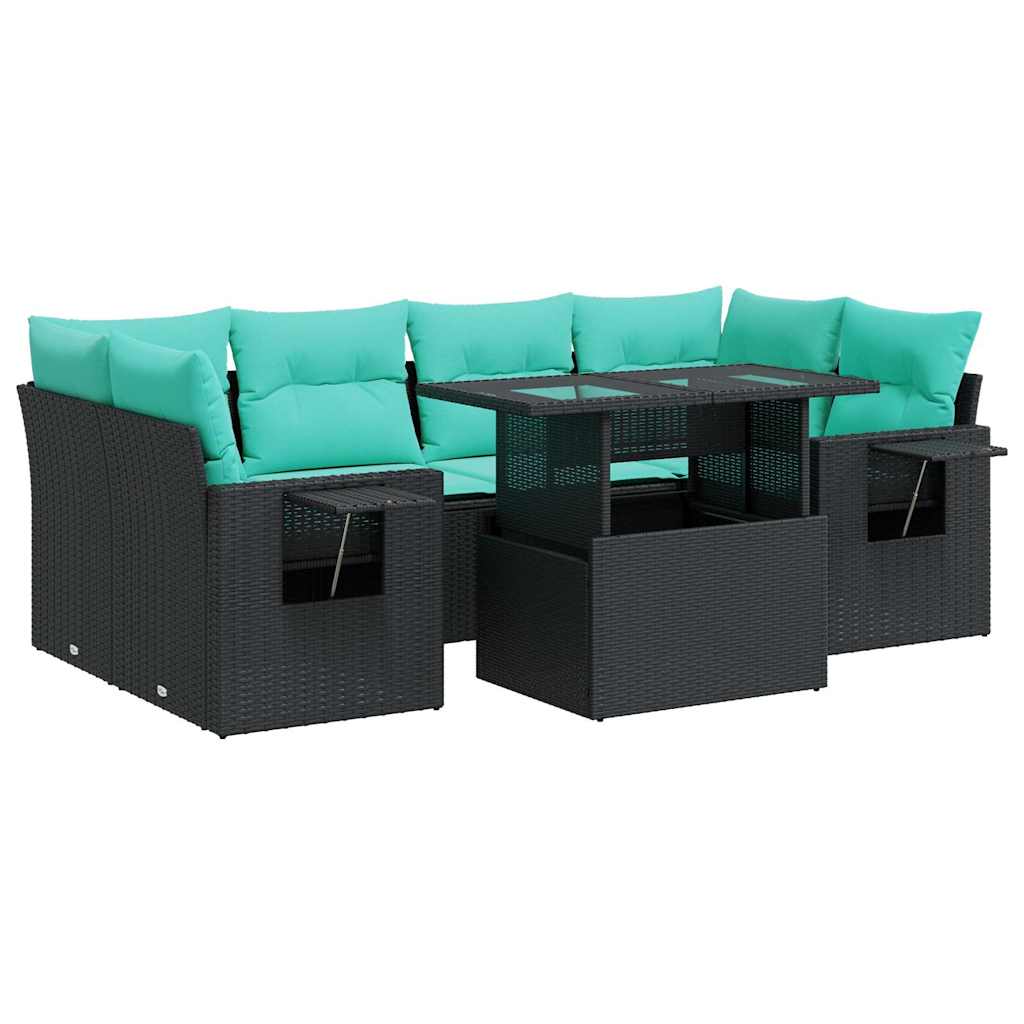 Set Divani Giardino 7 pz con Cuscini Nero Polyrattan Acacia | homemem39