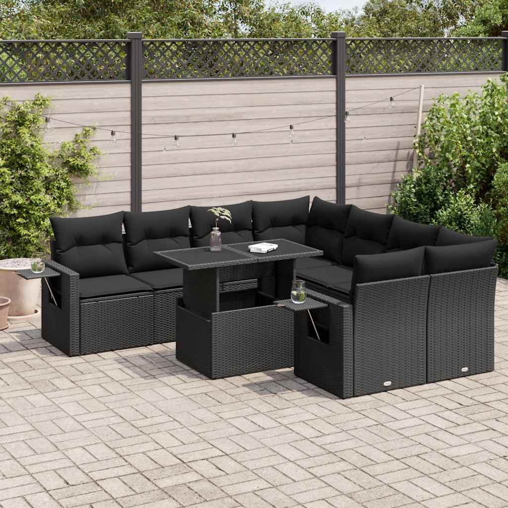 Set Divani da Giardino 9 pz con Cuscini Nero in Polyrattan - homemem39