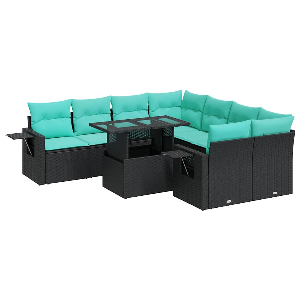 Set Divani Giardino 9 pz con Cuscini Nero Polyrattan Acacia | homemem39