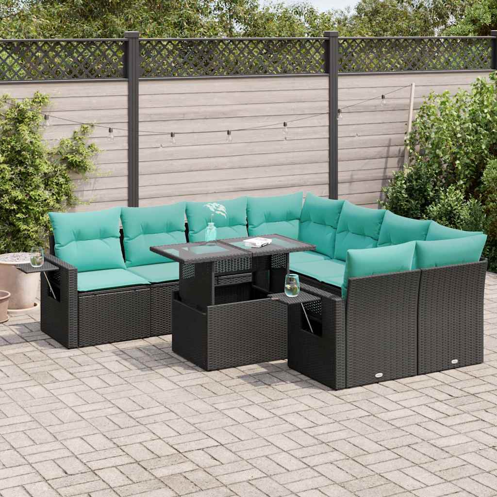 Set Divani Giardino 9 pz con Cuscini Nero Polyrattan Acacia | homemem39