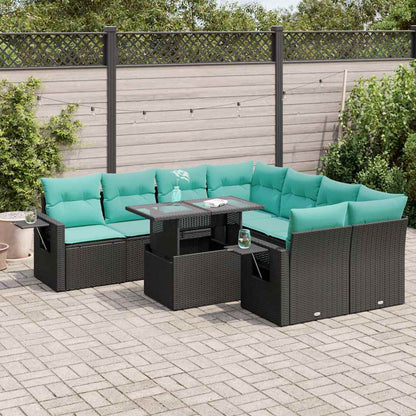 Set Divani Giardino 9 pz con Cuscini Nero Polyrattan Acacia | homemem39