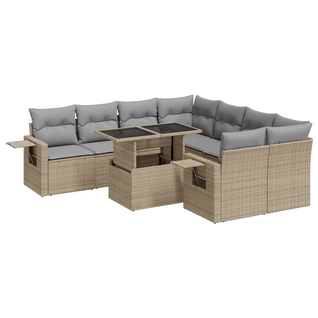 Set Divano da Giardino 9 pz con Cuscini Beige in Polyrattan - homemem39