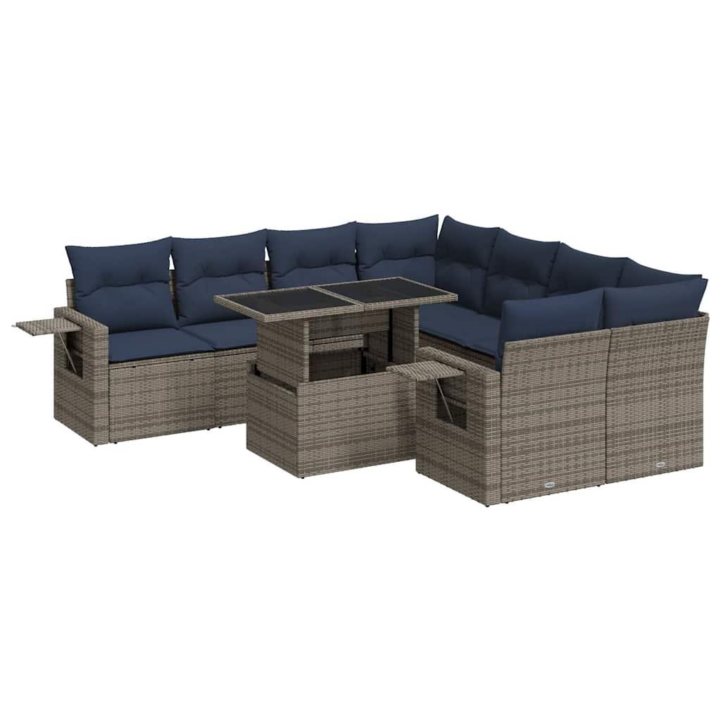 Set Divani da Giardino 9 pz con Cuscini Grigio Polyrattan Acacia | homemem39