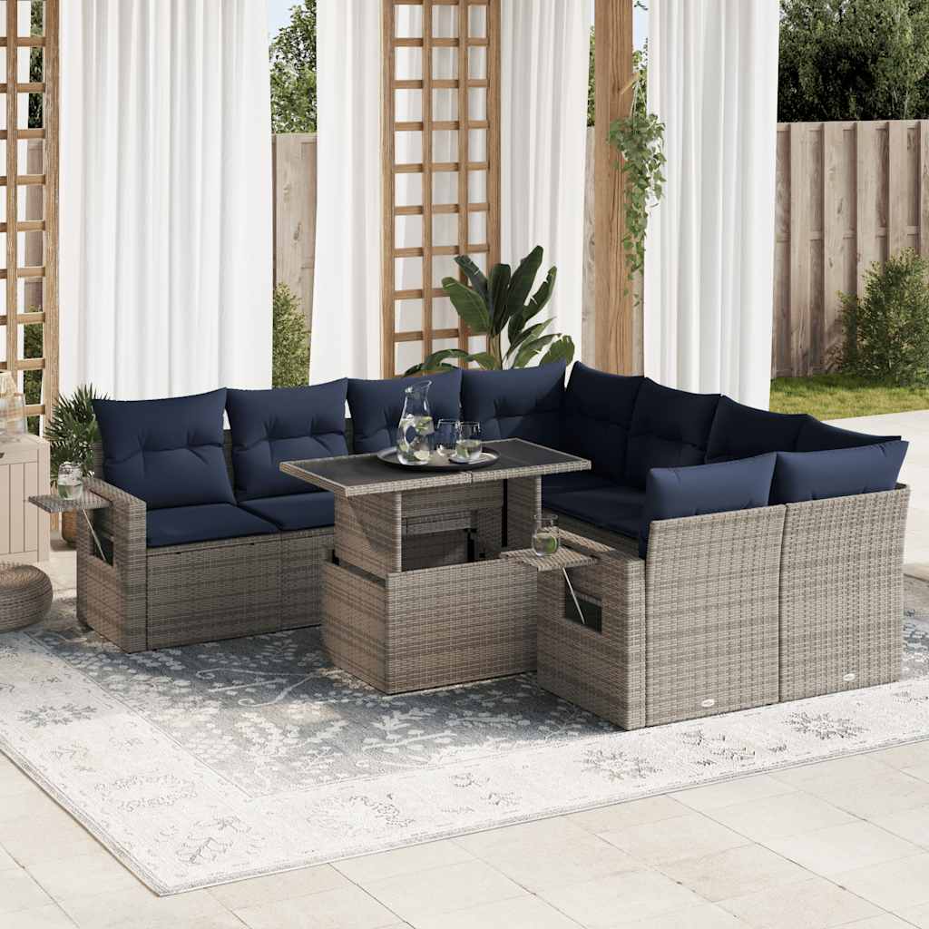 Set Divani da Giardino 9 pz con Cuscini Grigio Polyrattan Acacia | homemem39