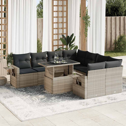 Set Divano da Giardino 9pz con Cuscini Grigio Chiaro Polyrattan | homemem39