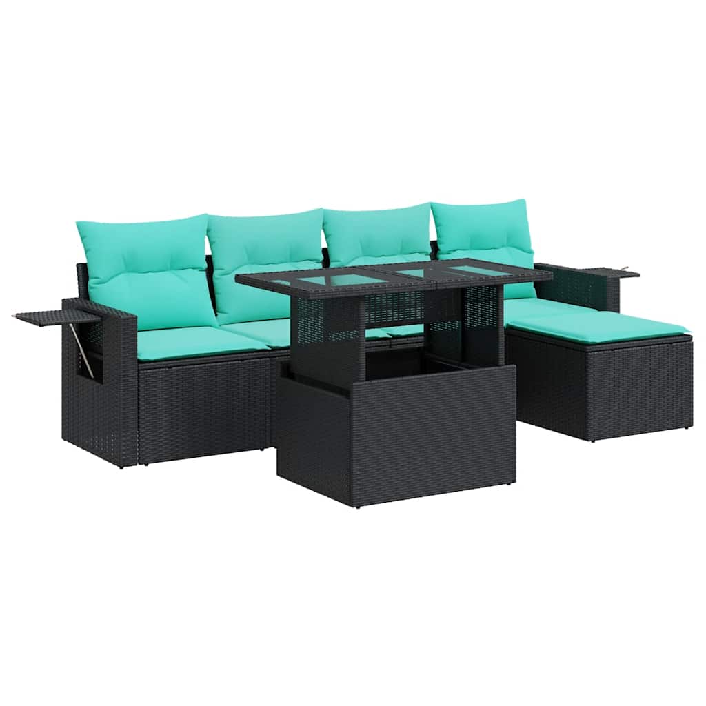 Set Divano Giardino 6 pz con Cuscini Nero Polyrattan Acacia | homemem39