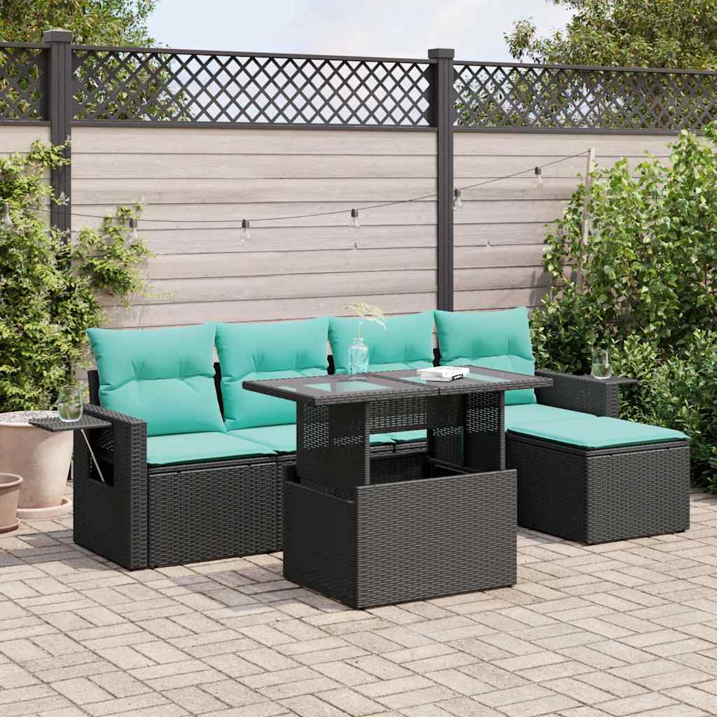 Set Divano Giardino 6 pz con Cuscini Nero Polyrattan Acacia | homemem39