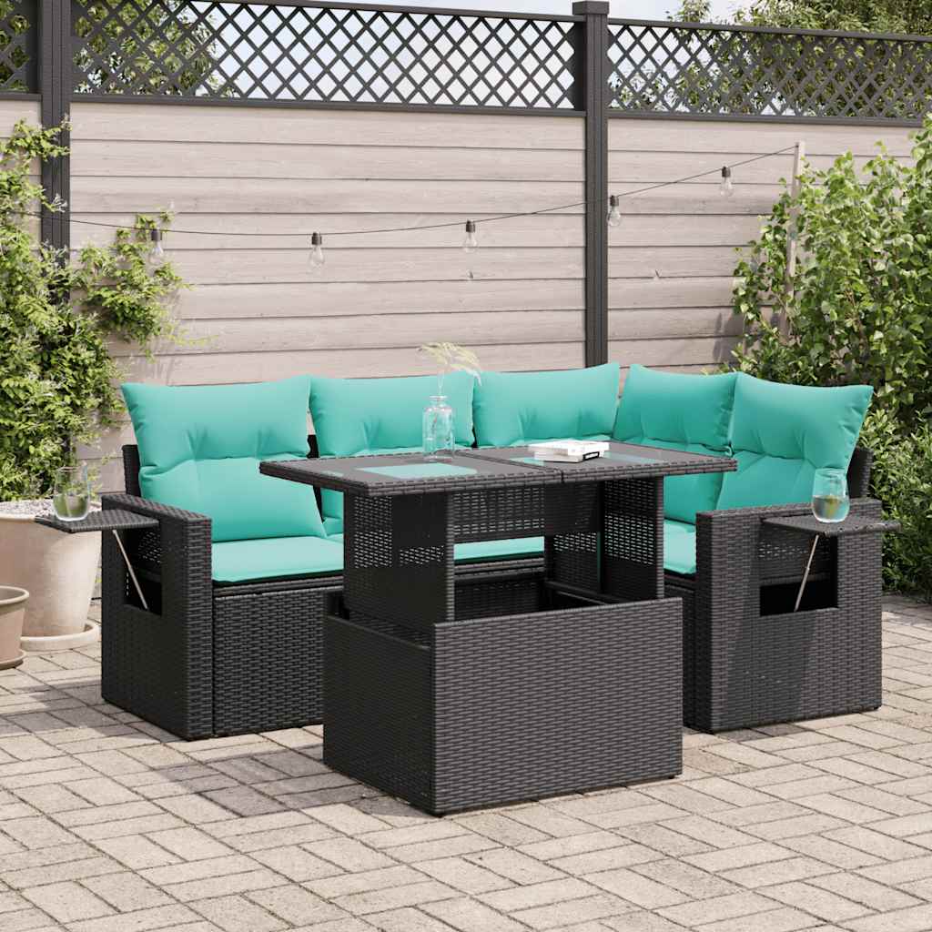 Set Divano da Giardino 5 pz Cuscini Nero Polyrattan e Acacia | homemem39