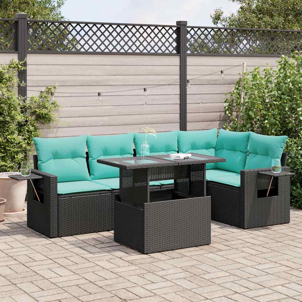 Set Divano da Giardino 6 pz con Cuscini Nero Polyrattan Acacia | homemem39