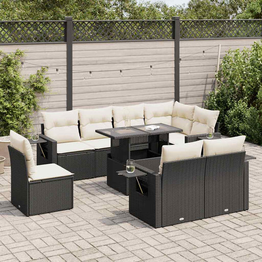 Set Divani da Giardino 9 pz con Cuscini Nero in Polyrattan - homemem39