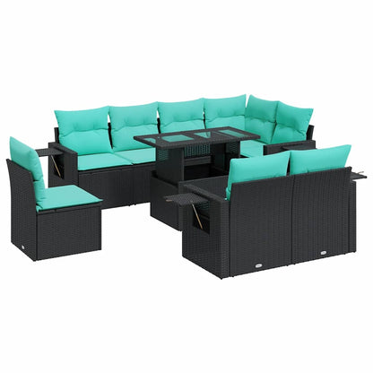 Set Divani da Giardino 9 pz con Cuscini Nero Polyrattan Acacia | homemem39