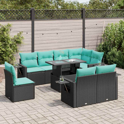 Set Divani da Giardino 9 pz con Cuscini Nero Polyrattan Acacia | homemem39